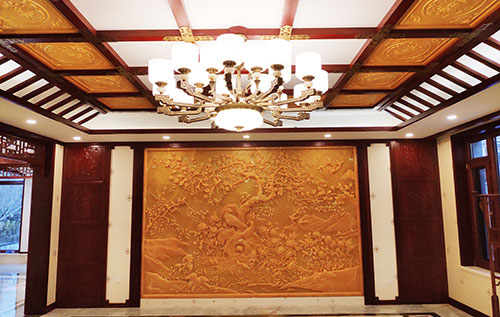 怒江中式别墅客厅中式木作横梁吊顶装饰展示